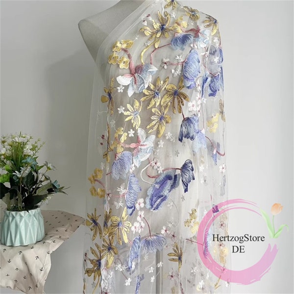 Neu Stickerei Blumen Stoff Blau Gelb Weiß Blumen Material Wunderschön Spitzenstoff mit Blumenstickerei Weich Stoff für Schleier Abendkleid