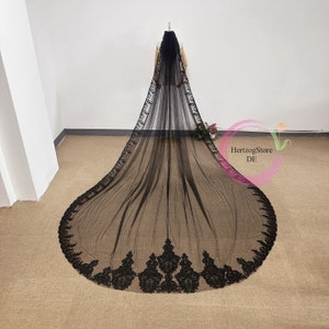 Boho black tulle lace floral bridal veil. Sequin floral long church veil. 3 meter cathedral lace veil wedding.