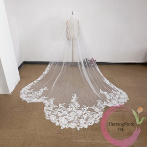Elegant classic bridal veil. Custom made wedding veil. Floral pattern cathedral veil. Soft lace flower veil.
