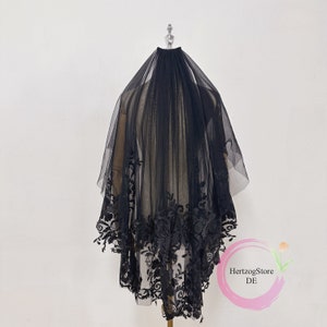Boho Black Tulle Lace Floral Bridal Veil. Bohemian Two-Tier Wedding Veil. Black Rose Lace Veil. Floral Veil.