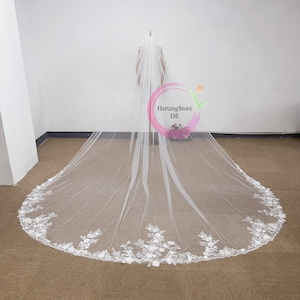 Beautiful 3D flowers cathedral veil with pearls. Elegant lace veil for wedding. Soft tulle one layer veil. Delicate veil.