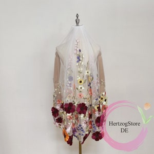 Colorful embroidery flowers wedding veil. Soft tulle bridal veil. Custom length veil for wedding. Veil with comb. image 1
