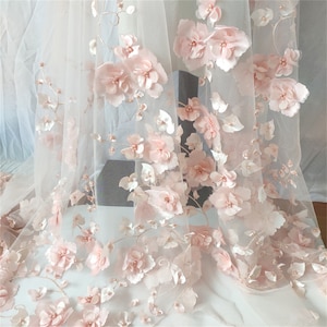 6 Colors 3D Flower Tulle Fabric with Beads Elegant Beautiful Flower Veil Fabric Tulle Material for Wedding Dress Evening Dress