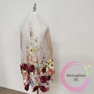 Colorful embroidery flowers wedding veil. Soft tulle bridal veil. Custom length veil for wedding. Veil with comb. image 2