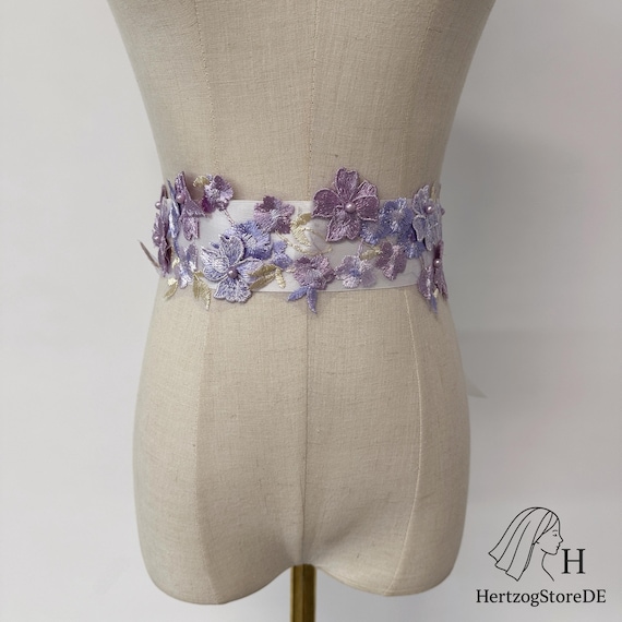 Purple Lace Flower Bridal Belt With Pearls, Custom Made  display picture 3