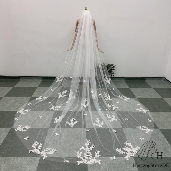 Embroidered bridal veil with floral and butterfly detail. Estelle - Butterfly Wedding Veil, Embroidered Veil, Lace  main image 3