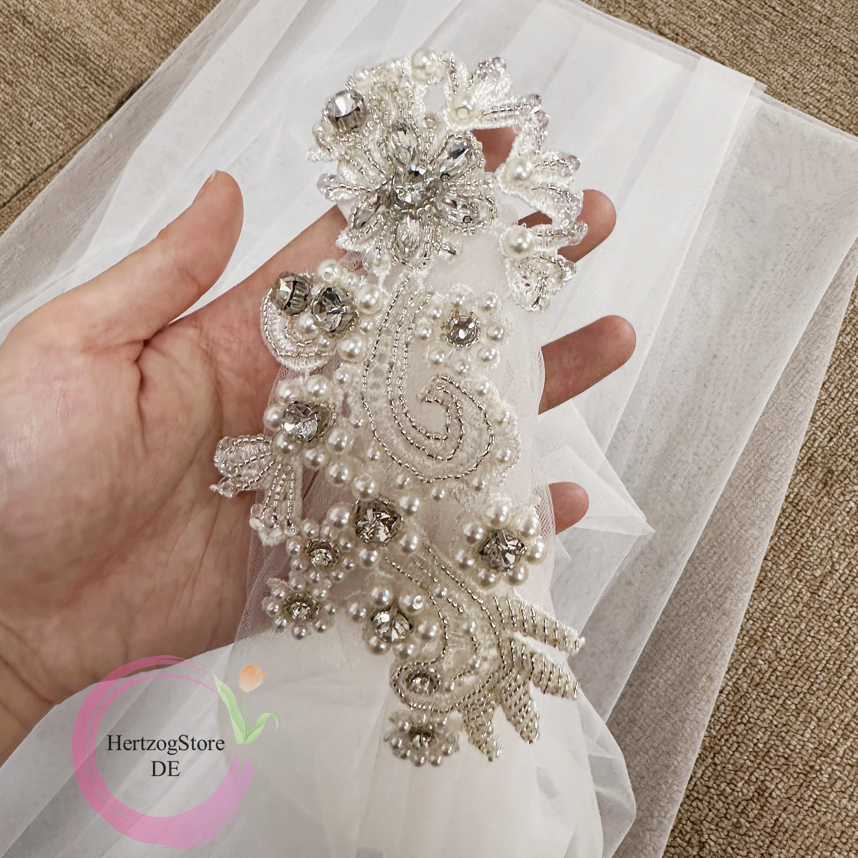 Elegant Soft Tulle Shoulder Veil for Bride. V Back Pearl Elegant Soft Tulle Shoulder Veil for Bride. V Back Pearl