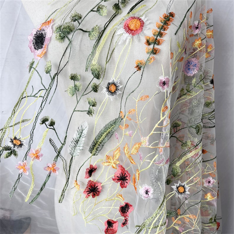 Colorful Embroidery Flowers Fabric Beautiful Fabric for Evening Dress Flowers Plants Fabric for DIY Crafts image 2