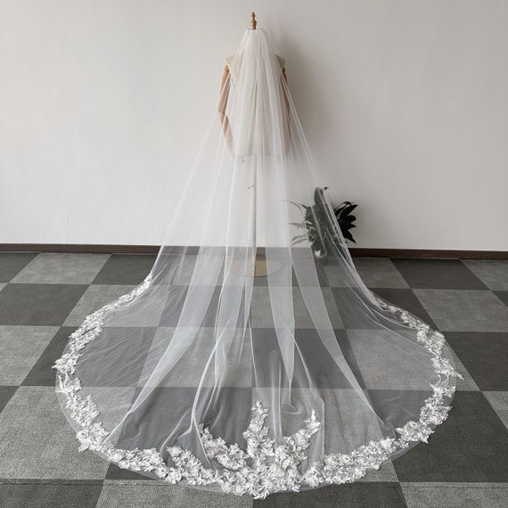 3.5M Elegant Cathedral Length Bridal Veil with Lace Appliqué Cathedral Wedding Veil With Lace Applique One Layer... From  main image 3