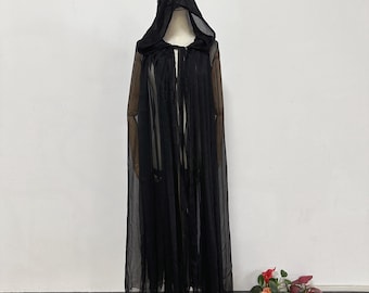 Black chiffon cape. Halloween witch cape with hood. Cool cosplay cape with hood for adults. Long cape. Halloween party.