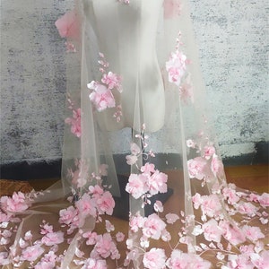 6 Colors 3D Flower Tulle Fabric with Beads Elegant Beautiful Flower Veil Fabric Tulle Material for Wedding Dress Evening Dress Pink