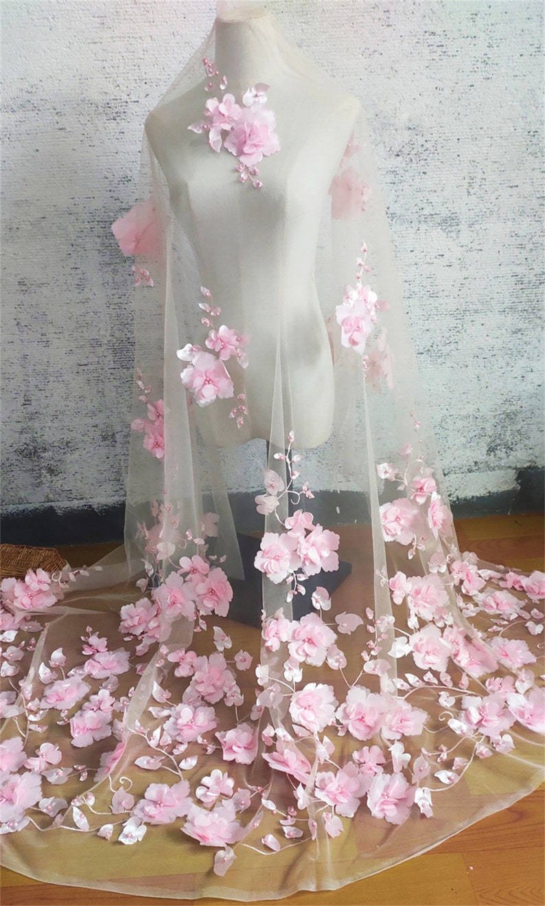 6 Colors 3D Flower Tulle Fabric with Beads Elegant Beautiful Flower Veil Fabric Tulle Material for Wedding Dress Evening Dress Pink