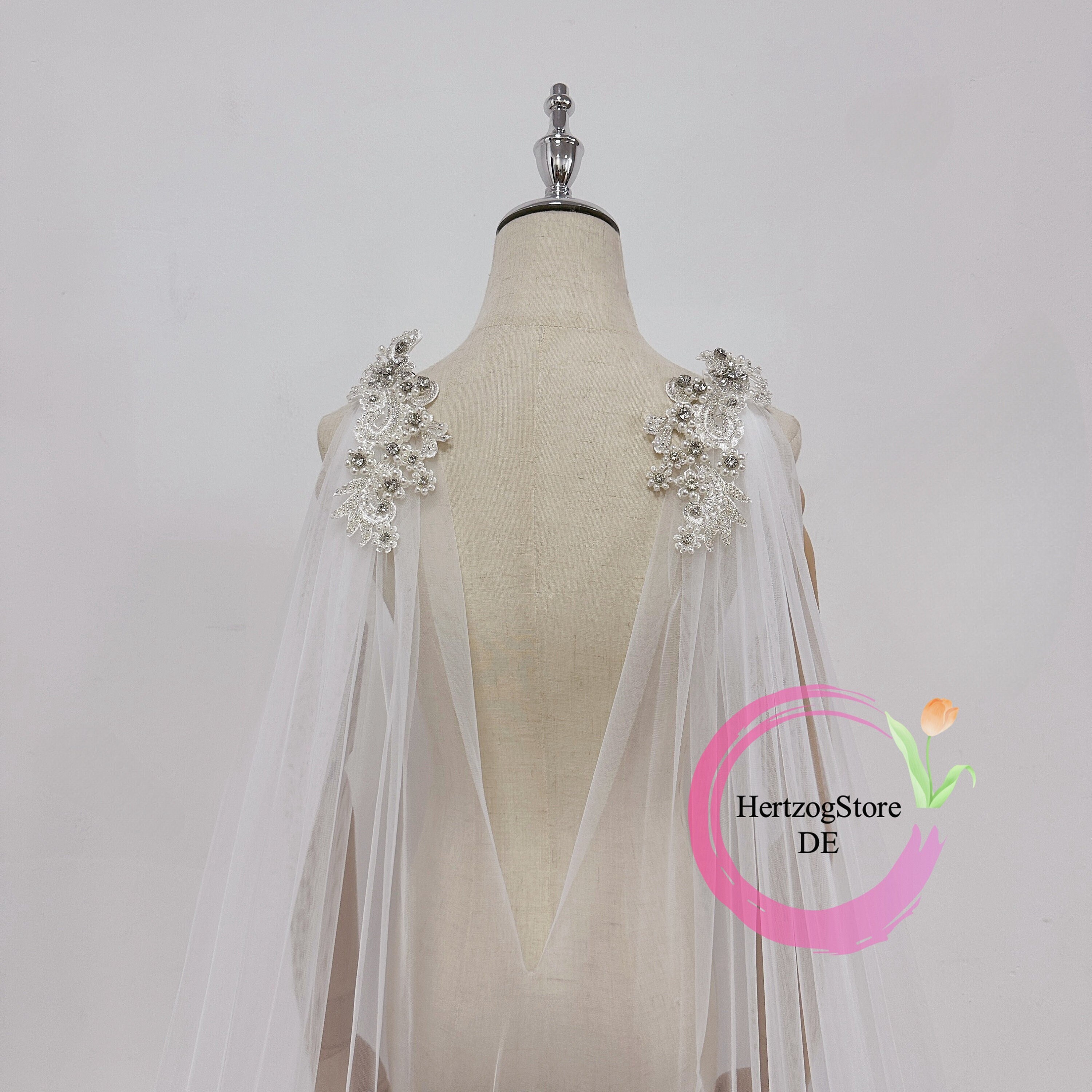 Elegant Soft Tulle Shoulder Veil for Bride. V Back Pearl Elegant Soft Tulle Shoulder Veil for Bride. V Back Pearl
