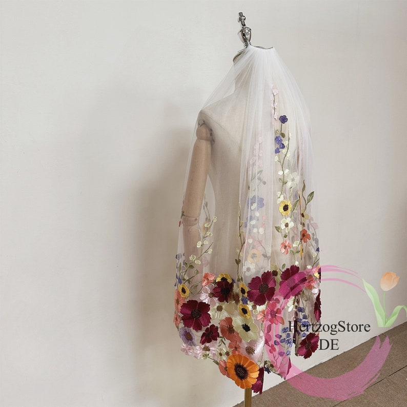 Colorful embroidery flowers wedding veil. Soft tulle bridal veil. Custom length veil for wedding. Veil with comb. image 3