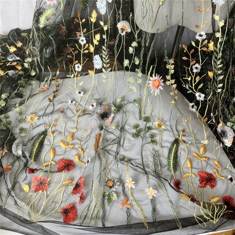 Colorful Embroidery Flowers Fabric Beautiful Fabric for Evening Dress Flowers Plants Fabric for DIY Crafts Black