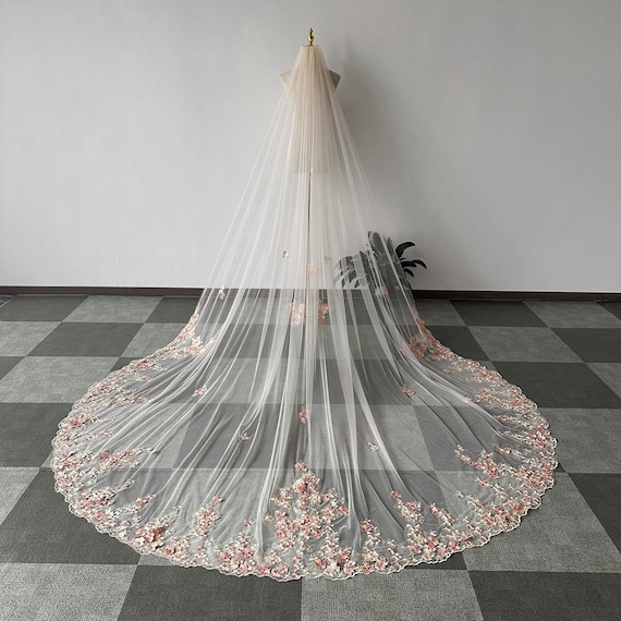 Vibrant 3-D Colorful Veil In Peachy Orange And Pink. Floral Wedding Veil: 3D Peachy Pink Purple Violet Flowers  main image 3