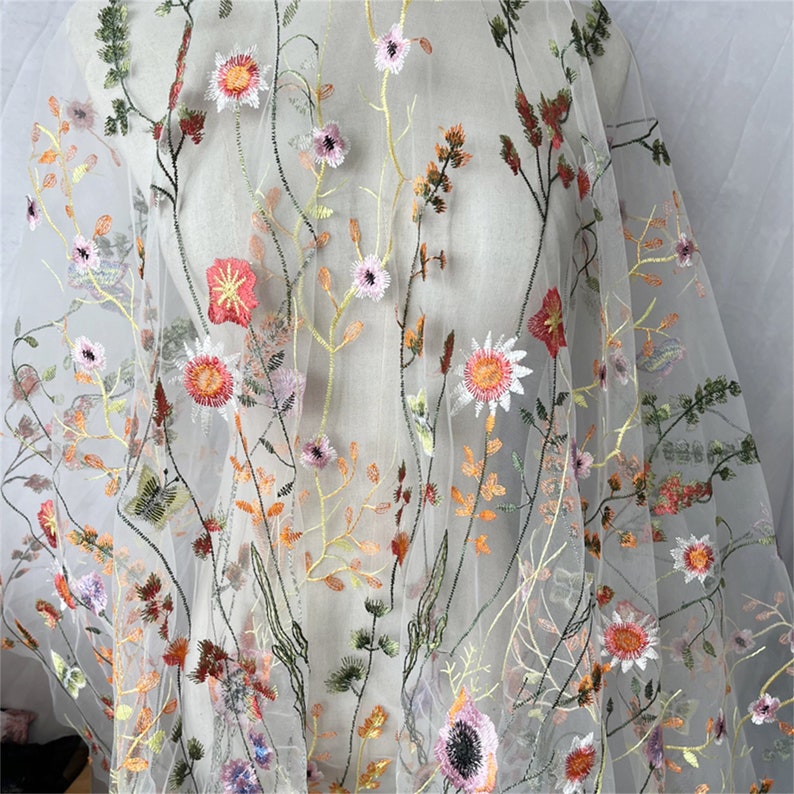 Colorful Embroidery Flowers Fabric Beautiful Fabric for Evening Dress Flowers Plants Fabric for DIY Crafts White