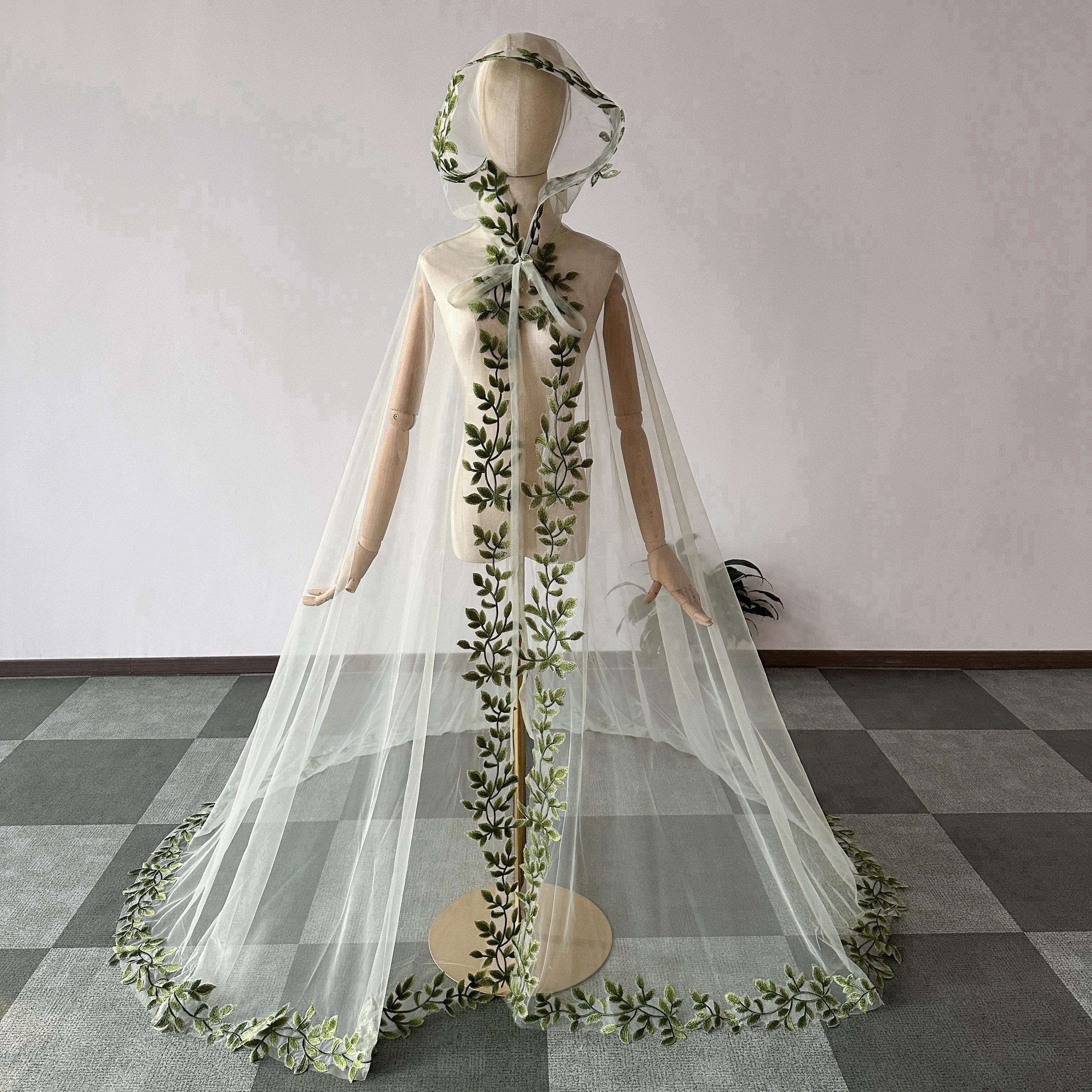 Green Leaf Bridal Cape With Lace, Hooded Wedding Cape, Boho Bridal