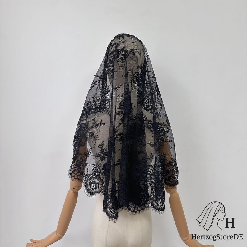 Mantille en dentelle noire, voile de mariée bohème fleuri avec peigne, voile de mariée espagnol, voile vintage religieux pour la mariée image 5