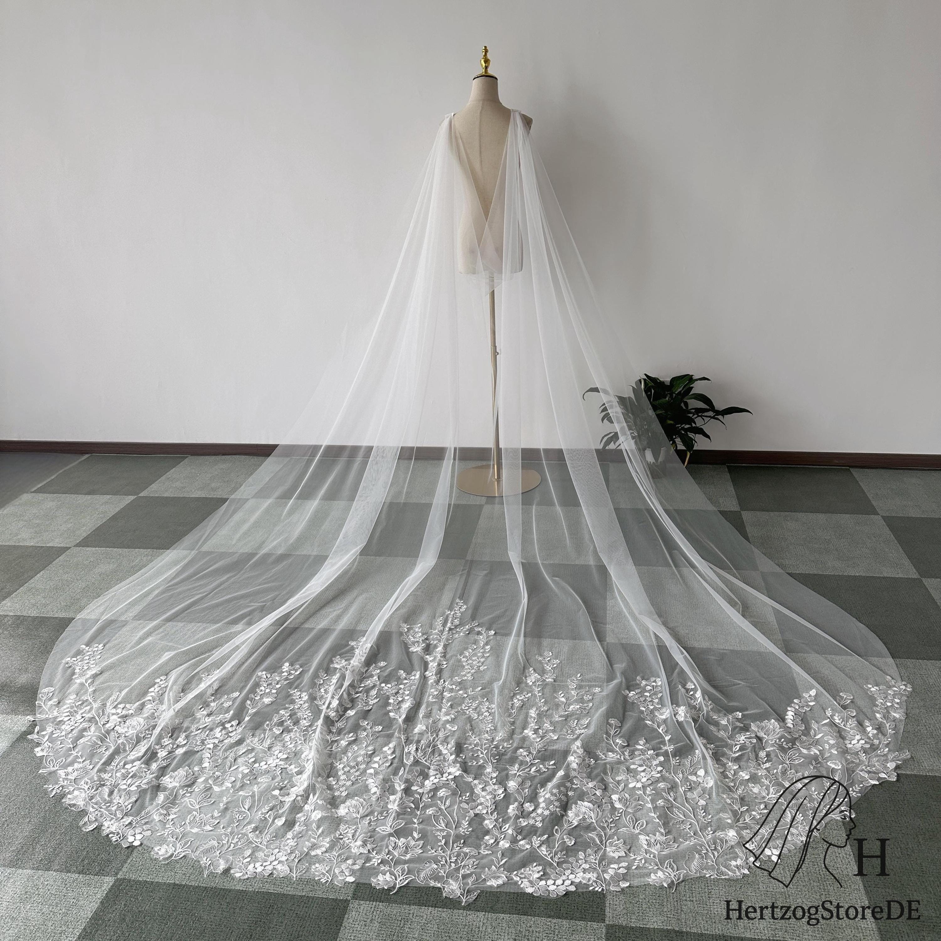 WHITE VEIL セット Tulle Bridal Veil With Floral and Plant Lace, V-shoulder Veil for
