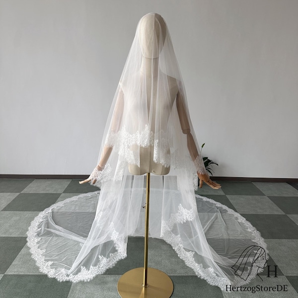 Elegante velo de novia con ribete de encaje y rubor, velo catedral clásico con encaje floral, accesorio de boda para la novia.