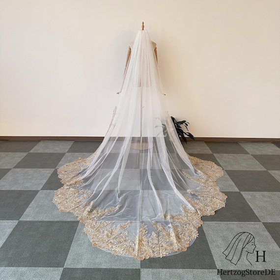 Golden Lace Bridal Veil With Sequins & Scalloped Edge, Boho 