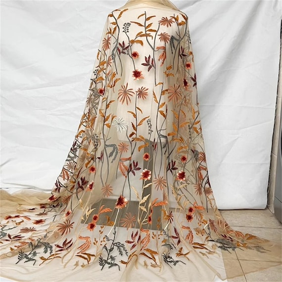 Stickerei Blumen Pflanzen Stoff, Schön Stoff für Abendkleid, Feuerwerk Pflanzen Stoff für DIY Handarbeit, Schleier Abendkleid Designer Stoff