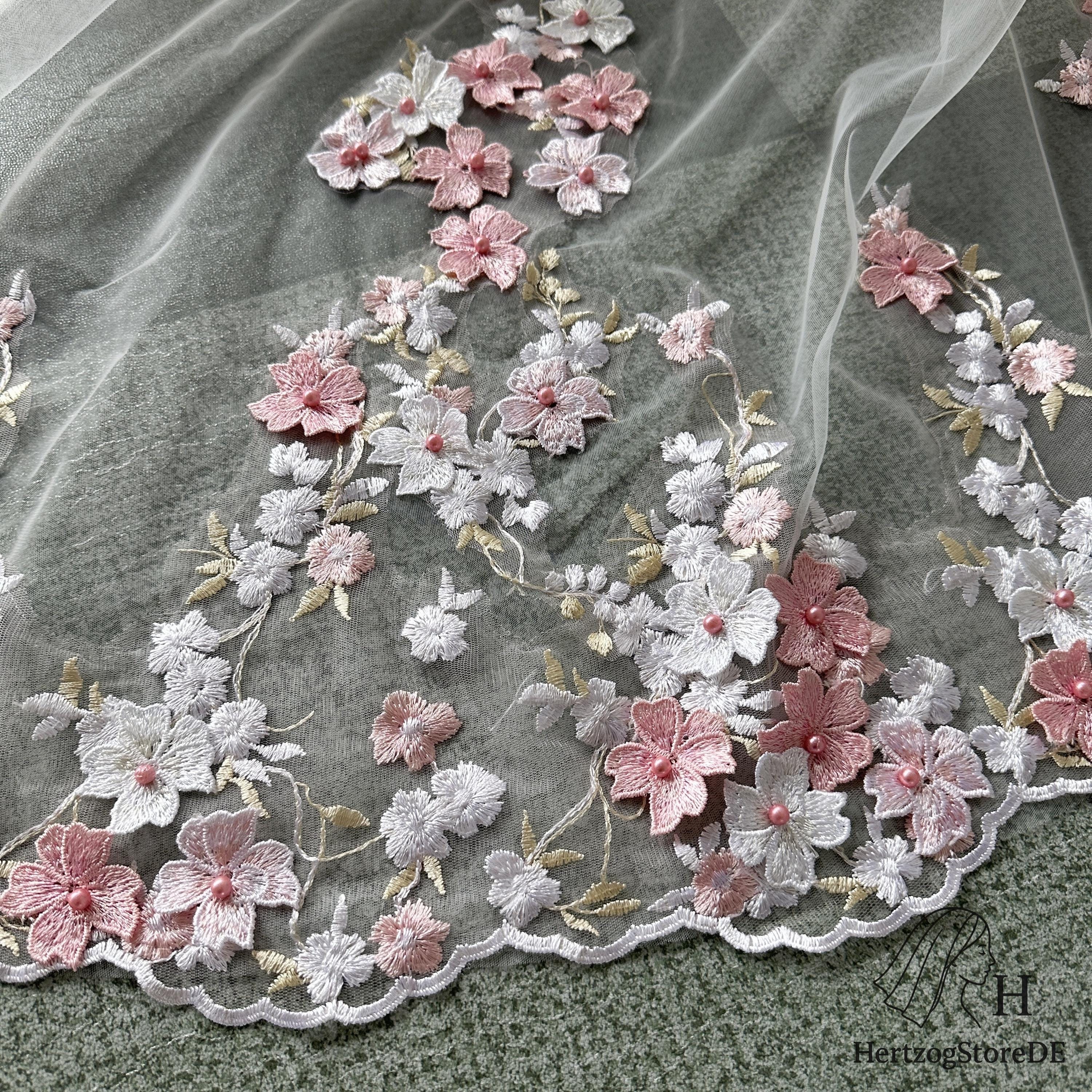 Sakura Pink Lace Floral Bridal Veil With Pearls, Romantic Soft