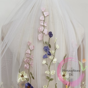 Colorful embroidery flowers wedding veil. Soft tulle bridal veil. Custom length veil for wedding. Veil with comb. image 5