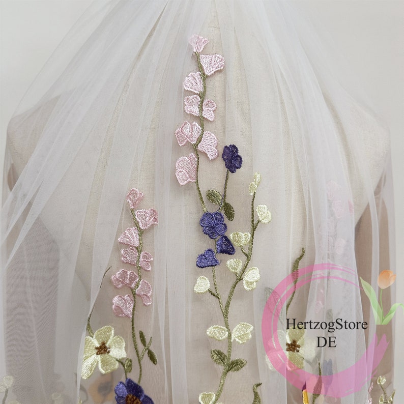 Colorful embroidery flowers wedding veil. Soft tulle bridal veil. Custom length veil for wedding. Veil with comb. image 5