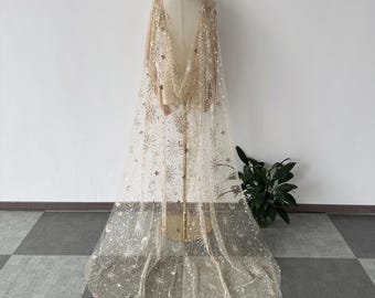 Glittery star moon veil. Sequin star V-shaped bridal cape. Handmade cape with V-back. Floor-length wedding veil.