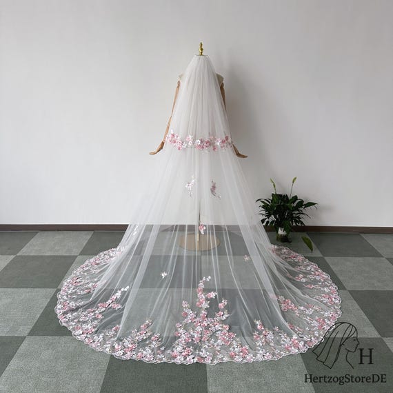 Romantischer Brautschleier mit Blusher, Eleganter Rosa 3D Spitzen Blumen Schleier mit Perlen,Maßgeschneiderter Zweilagiger Hochzeitsschleier