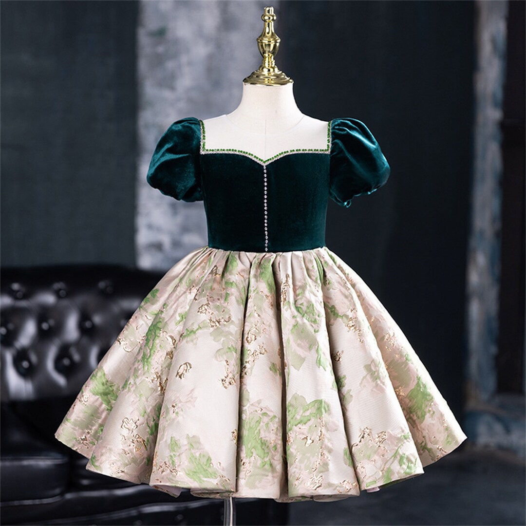 2024 High Quality Dark Green Baby Girls Velvet Dress, Jacquard Flower