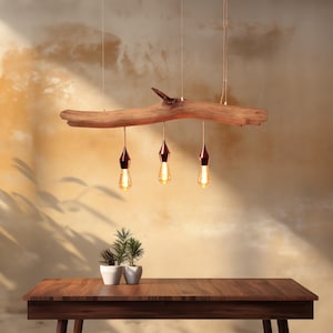 Può includere: Un tavolo da pranzo in legno con due sedie e un lampadario rustico in legno con tre luci a sospensione sopra. Il tavolo e le sedie sono marroni, e le pareti sono di colore beige chiaro.