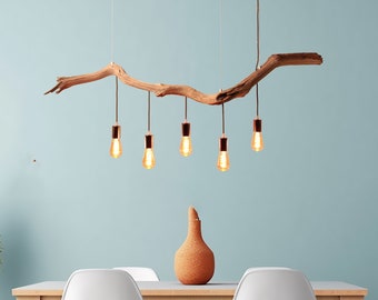 Lampe suspendue / branche de chêne de 147 cm de long / pièce unique / bois / branche / suspension / table à manger / plafonnier / lampe de table de cuisine / moderne