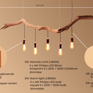 Lampe suspendue / branche de chêne de 147 cm de long / pièce unique / bois / branche / suspension / table à manger / plafonnier / lampe de table de cuisine / moderne image 2