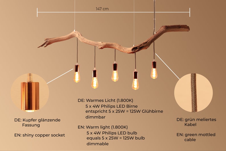 Lampe suspendue / branche de chêne de 147 cm de long / pièce unique / bois / branche / suspension / table à manger / plafonnier / lampe de table de cuisine / moderne image 2