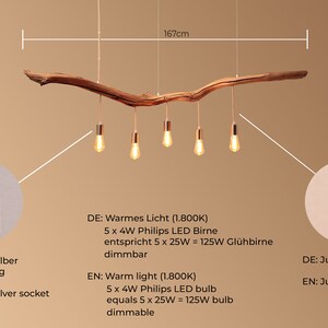 Hängelampe / 167cm langer Eichenast / Einzelstück / Holz / Ast / Pendelleuchte / Esstisch / Deckenlampe / Küchentischlampe / modern Bild 2