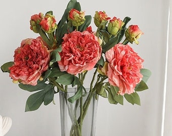 Large Coral Faux/Artificial Peony Flower with Bud Stem| Home/Wedding/Events Decoration