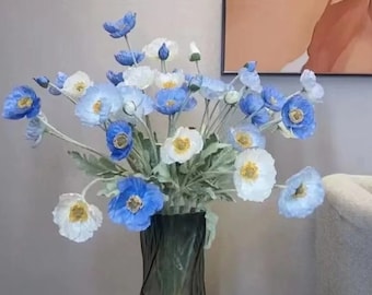 4 Heads  Blue White  Faux Artificial Poppy flower|  Home/Wedding/Events Decoration