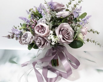 Violet Artificiel Fausses Roses Lavande Bouquet de mariage, Corsage de demoiselle d’honneur, Groom Bestman Boutonniere