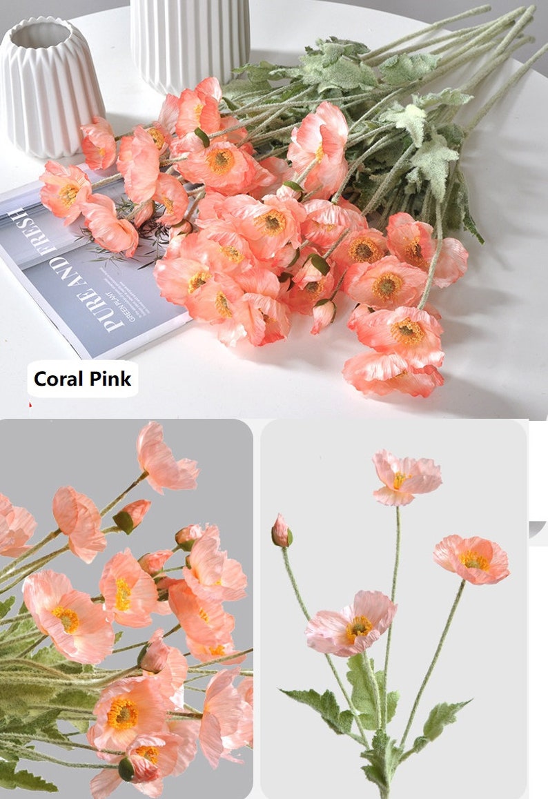 4 têtes de fleurs de pavot artificielles roses et blanches Accueil/Mariage/Événements Décoration Coral Pink