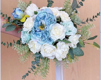 Bouquet de mariée en fausses roses et pivoines artificielles bleues, 14 "/ 36cm