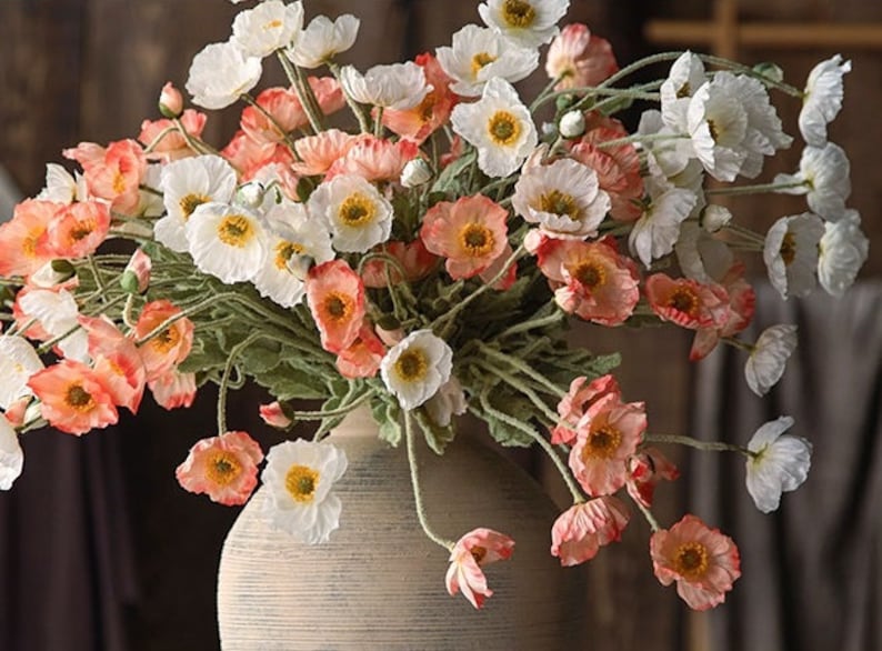 4 têtes de fleurs de pavot artificielles roses et blanches Accueil/Mariage/Événements Décoration image 1