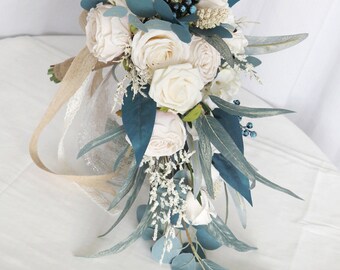 Blue  White Artificial Faux Roses Bridal Wedding Cascade  Bouquet, Bridesmaid Bouquet Corsage ,Groom Best man Boutonniere