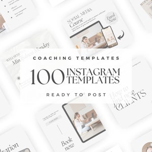 Könnte beinhalten: Eine Sammlung von 100 Instagram-Vorlagen für Coaches mit verschiedenen Designs, Textüberlagerungen und Bildern. Die Vorlagen sind bereit zum Posten und helfen dir, neue Kunden zu finden.