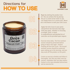 Peut inclure: Un pot en verre brun avec une &eacute;tiquette blanche qui indique "Gr&egrave;s Cacao Happenis Club 8oz". Le pot contient une substance jaune clair. L'image comprend des instructions pour l'utilisation du produit, num&eacute;rot&eacute;es de 1 &agrave; 4.