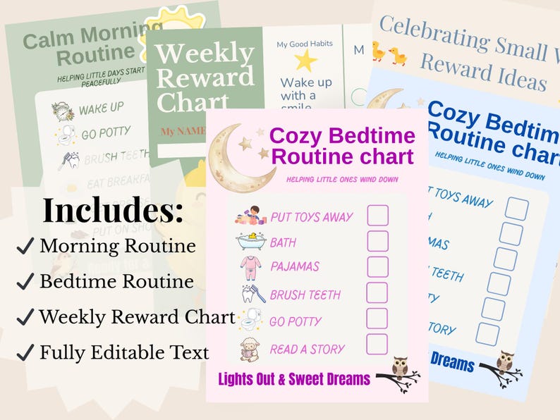 Editable Kids Routine Chart Bundle, Morning & Bedtime Routine, Reward ...