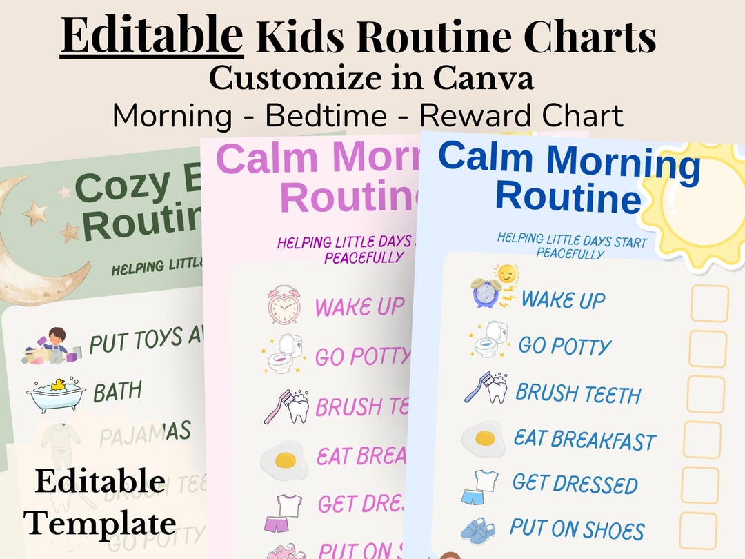 Editable Kids Routine Chart Bundle, Morning & Bedtime Routine, Reward ...