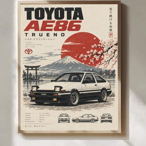 May include: A poster featuring a white and black Toyota AE86 Trueno car. The background displays Mount Fuji, a red sun, cherry blossoms, and a torii gate. Text includes TOYOTA AE86 TRUENO, technical specifications, and Japanese characters.